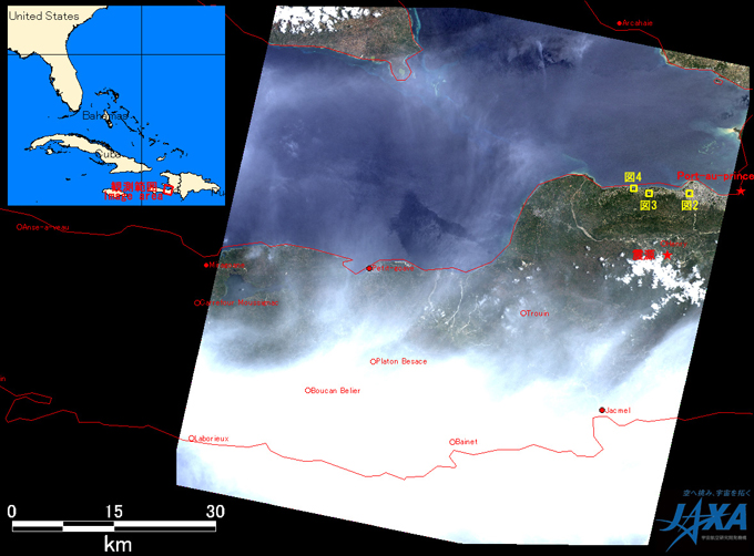 Fig.1: AVNIR-2 image with 0.0 degree pointing angle acquired on 15:32 (UTC) of May 12, 2010. Yellow squares shows location of Fig. 2 - 4.