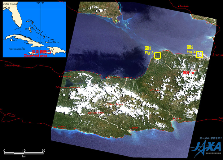 Fig. 1:AVNIR-2 image with 0.0 degree pointing angle acquired at 0:29 on June 28, 2010 (JST). A yellow squares show location of Fig. 2 and 3.