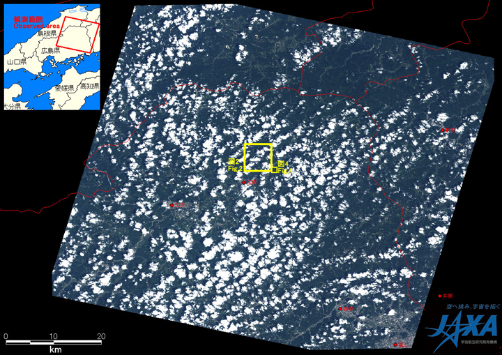 Fig. 1: AVNIR-2 image with 15.0 degrees pointing angle acquired at 11:09 on July 21, 2010 (JST). Yellow squares show location of Figs. 2 to 4.