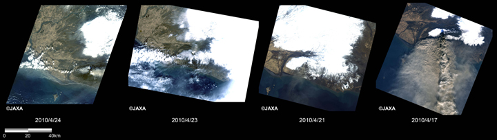 Fig.1: Time series images of AVNIR-2 in the Eyjafjallajökull volcano of Iceland (From left to right: acquired on April 24, April 23, April 21, and April 17, 2010)
