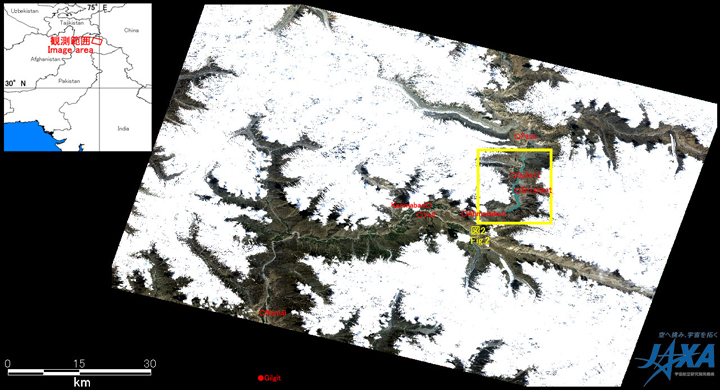 Fig. 1: AVNIR-2 image with 33.5 degrees pointing angle acquired on 6:17 of May 30, 2010 (UTC). Yellow square shows the location of Fig. 2.