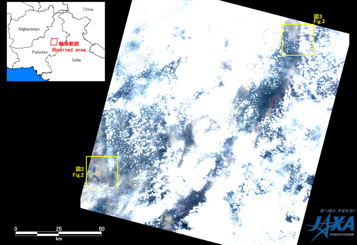 Fig.1: AVNIR-2 image with 38.0 degrees pointing angle acquired at 15:18 on August 6, 2010 (JST). Yellow squares show location of Figs. 2 and 3.