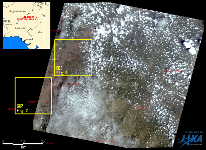 Fig.1:AVNIR-2 image with 0.0 degree pointing angle acquired at 14:46 on August 15, 2010 (JST). Yellow squares show location of Figs. 2 and 3.