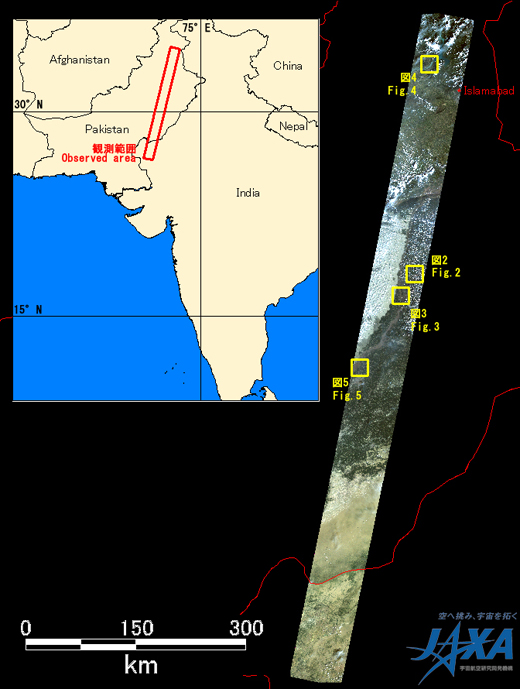 Fig.1: AVNIR-2 image with 0.0 degree pointing angle acquired at 15:00 on September 1, 2010 (JST). Yellow squares show location of Figs. 2 to 5.