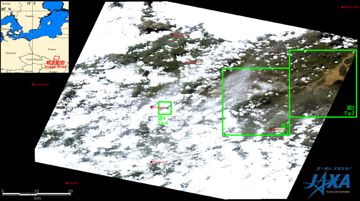 Fig. 1: AVNIR-2 image with +14.0 degrees pointing angle acquired on 9:59 of May 21, 2010. Green squares show locations of Figs. 2 to 4.