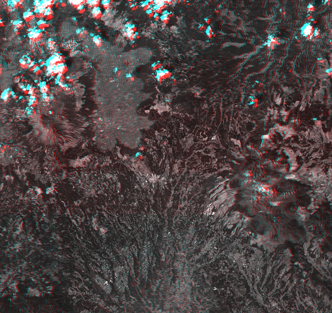 Mt. Aso observed by PRISM on Mar. 23, 2006 in Fig.1, [Anaglyph] image was created by combining Nadir view image and Forward view image.