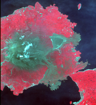 Sakurajima Island, Kagoshima Pref., Japan on Jun. 20, 2006(False color combination using R,G,B=Band4,3,2 of AVNIR-2).