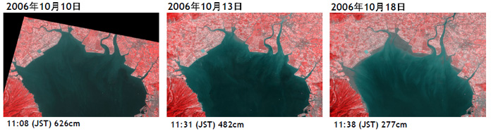 Fig.3. Zoom-up of the northern Ariake sea on October 10, 13, and 18. They are assigned the near-infrared channel to R of RGB and assigned the red channel to G and B.