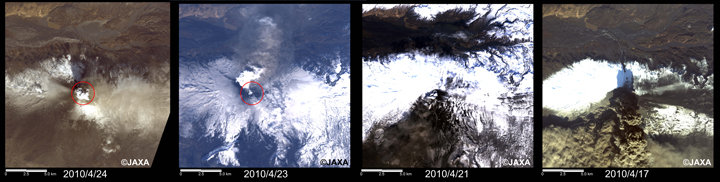 Fig.2: Enlaged images around the crater of the Eyjafjallajökull volcano (20 km squares; From left to right: acquired on April 24, April 23, April 21, and April 17, 2010).
