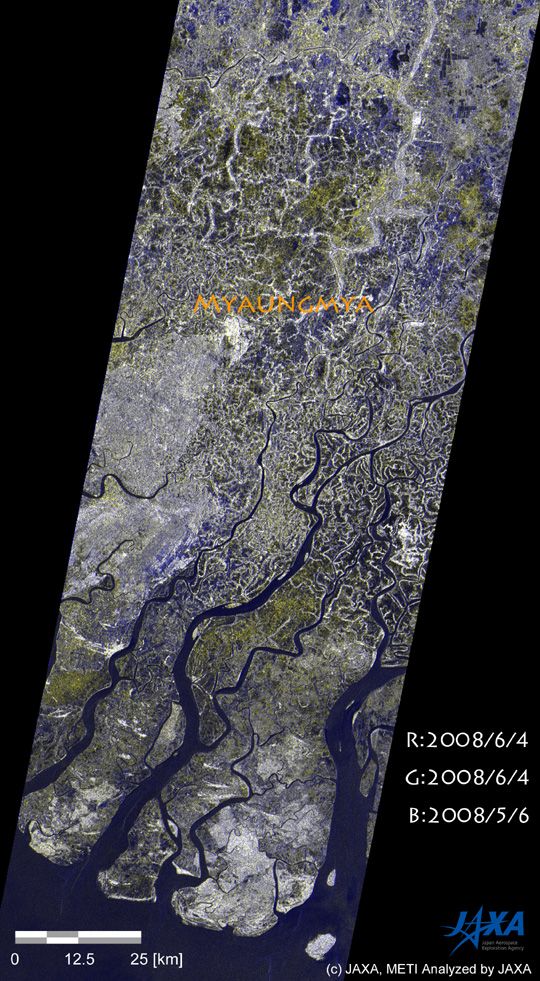 A color composite image, RED and GREEN for June 4 2008 and BLUE for May 6, 2008.