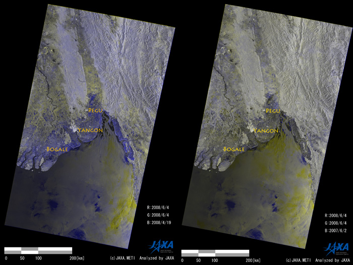 In order to highlight land surface changes, color composite images are created. Fig.2 left is a color composite representing the change between Apr. 19 and June 4, 2008, where the June 4 image is allocated in RED and GREEN channels and the April 19 in a BLUE one. BLUE color in the figure shows the flooded area expected and it spread out 20-100km inland from the coasts. As expected, a similar pattern is derived from the composite using the 2007 images (not shown). Here, in order to highlight the difference between June 2007 and 2008, the color composite is created by using the June 2, 2007 and June 4, 2008 images (Fig.2 right). The image shows some BLUE areas spreading especially around the river mouth of Irrawaddy and north of Pegu, which suggests that these areas are flooded in June 2008 different from in June 2007.