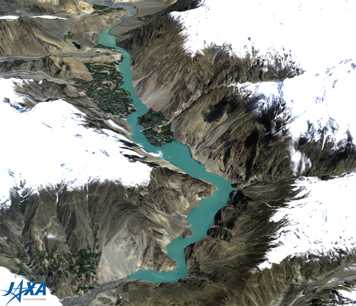 Fig. 5: Bird's-eye view of AVNIR-2 using digital elevation model derived by PRISM acquired on July 9, 2009.