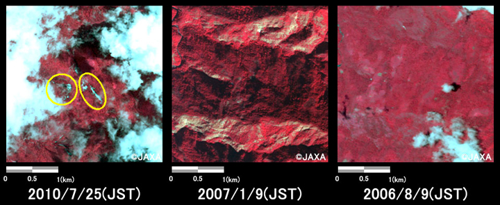 Fig.2: Enlarged images of southwest part of Tsirang pref., Buhtan. (9 square kilometers, left: Jul. 25, 2010; center: Jan. 9, 2007; right: Aug. 9, 2006).