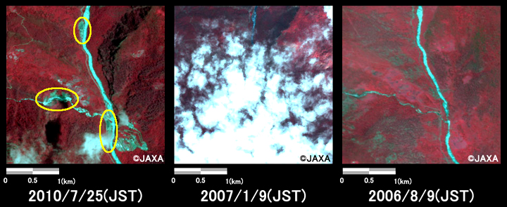 Fig.3: Enlarged images of southwest part of Wangdue Phodrang pref. Buhtan. (9 square kilometers, left: Jul. 25, 2010; center: Jan. 9, 2007; right: Aug. 9, 2006).