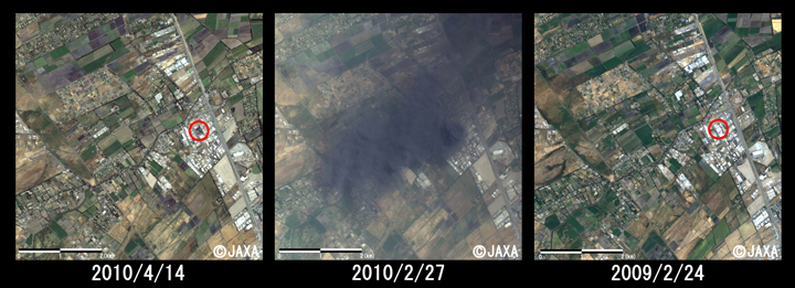 Fig.2: Enlarged image around fire disaster (6km square, left: April 14, 2010; middle: February 27, 2010 (after disaster); right: February 24, 2009 (before disaster))