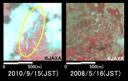 Fig.2: Enlarged images of swollen river. (1 square kilometer, left: September 15, 2010; right: May 16, 2008).