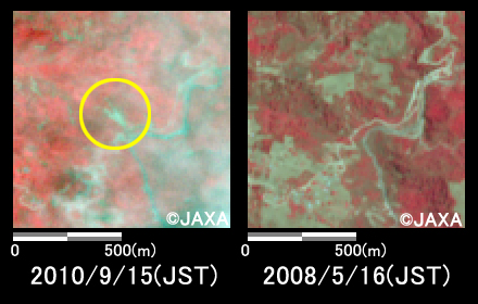 Fig.3: Enlarged images where mudslides occurred (1 square kilometer, left: September 15, 2010; right: May 16, 2008).