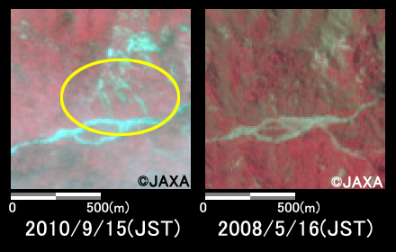Fig.4: Enlarged images of where mudslides occurred (1 square kilometer, left: September 15, 2010; right: May 16, 2008).