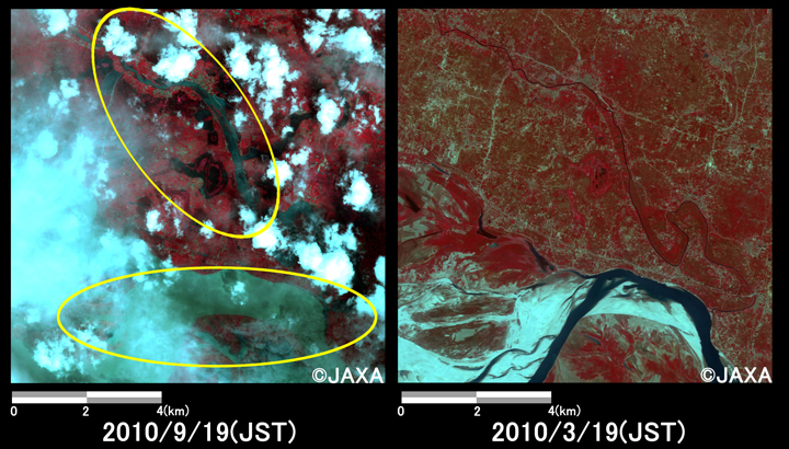 Fig.3: Enlarged images at the swollen river at Siswan (100 square kilometers, left: September 19, 2010; right: March 19, 2010).