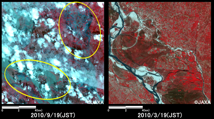 Fig.4: Enlarged images at the swollen river at Gopal Ganj (144 square kilometers, left: September 19, 2010; right: March 19, 2010).
