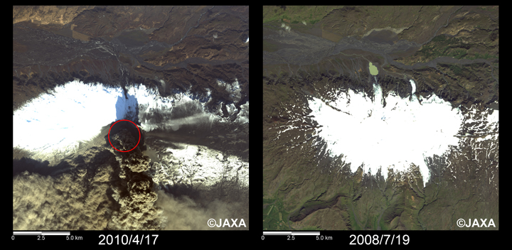 Fig. 2: Enlaged images around the crater of the Eyjafjallajökull volcano (20km squares, Left: April 17, 2010; right: July 19, 2008)