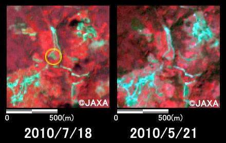 Fig.3: Enlarged images of Higashitani, Katsuragi cho, Ito gun, Wakayama pref (1 square kilometer, left: Jul. 18, 2010; right: May 21, 2010).