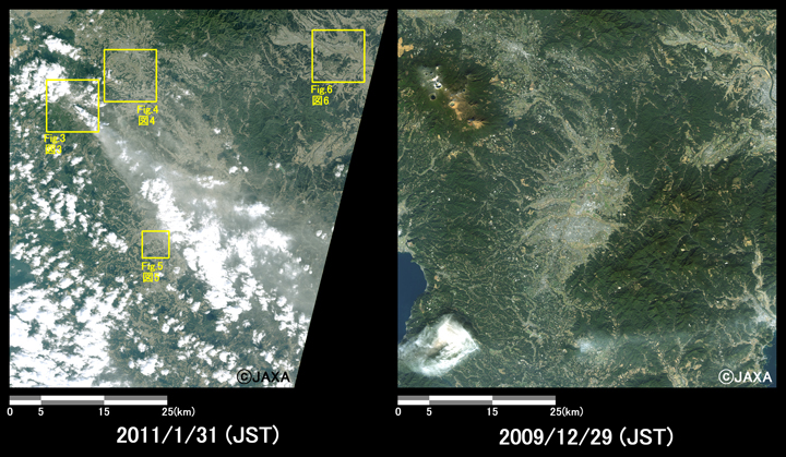 Fig.2-1: Enlarged images of Shinmoedake peak. (3600 square kilometers, left: January 31, 2011; and right: December 29, 2009). The yellow squares show the location of Figs. 3 to 6.