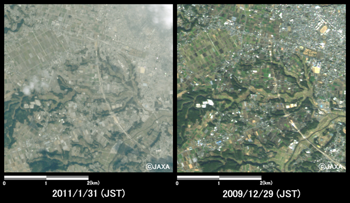Fig.5: Enlarged image of western part of Miyakonojo City. (16 square kilometers, left: January 31, 2011; right: December 29, 2009).