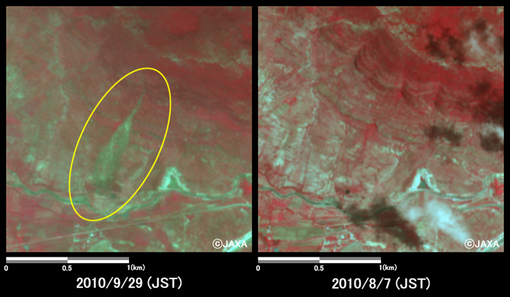 Fig.2: Enlarged images of the mudslides at San Pablo Villa de Mitla (4 square kilometers, left: September 29, 2010; right: August 7, 2010).