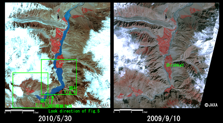 Fig. 2: Enlarged image of the dammed lake around Shishkat Village (left: May 30, 2010; right: Sep. 10, 2009; Green squares shows locations of Figs. 3 and 4 , and a arrow shows a point of view for Fig. 5)