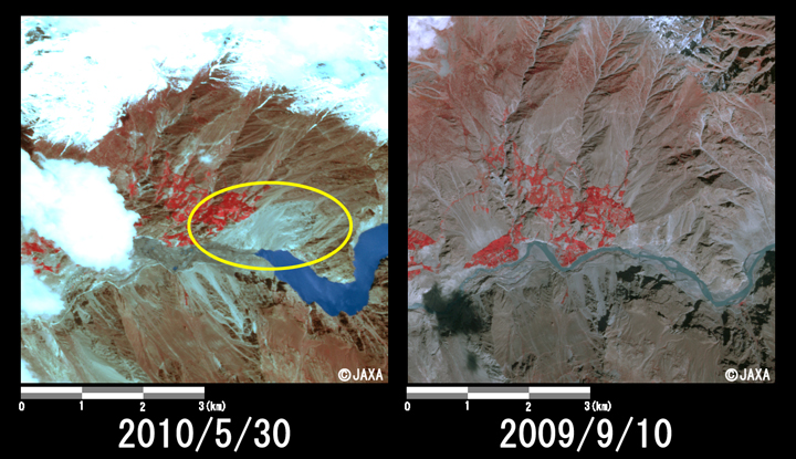 Fig. 3: Enlarged image of the end of the dammed lake corresponds to the site of landslide (6 km squares, left: May 30, 2010; right: Sep. 10, 2009).