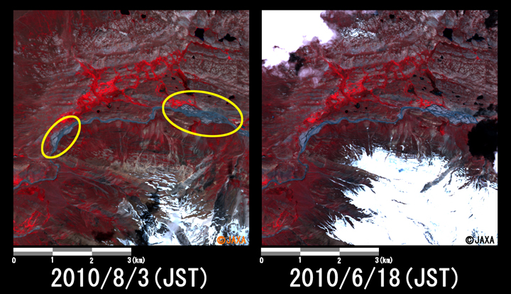 Fig.3: Enlarged image at the swollen river in Pechus (36 square kilometers, left: August 3, 2010; right: June 18, 2010).