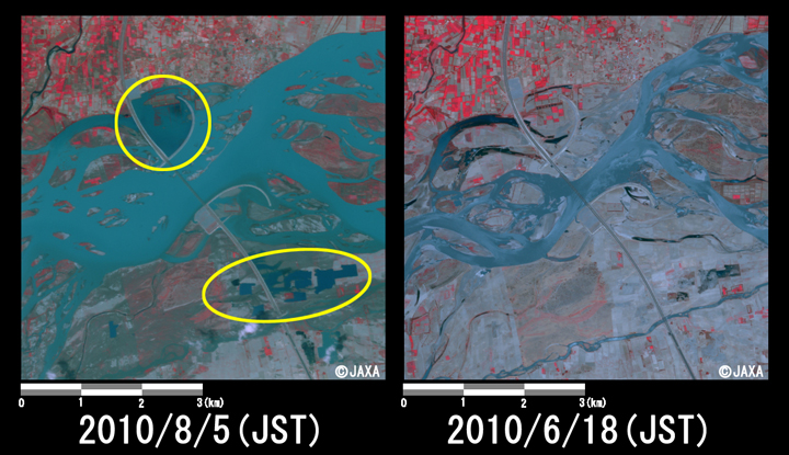 Fig.3: Enlarged image at the swollen river at Kamra, Attock District (36 square kilometers, left: August 5, 2010; right: June 18, 2010).