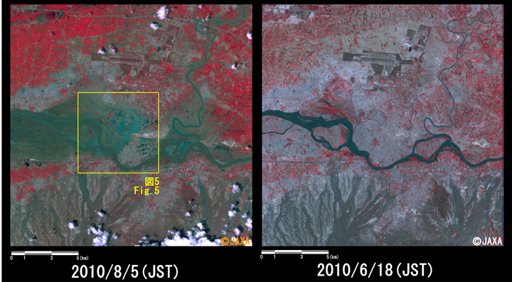 Fig.4: Enlarged image at the swollen river in Nowshera District, Khyver Pakhtunkhwa Province (324 square kilometers, left: August 5, 2010; right: June 18, 2010).