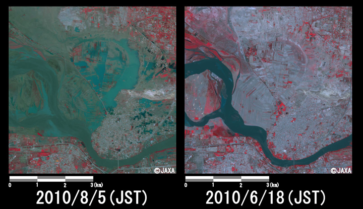 Fig.5: Enlarged image at the swollen river in Nowshera District (36 square kilometers, left: August 5, 2010; right: June 18, 2010).
