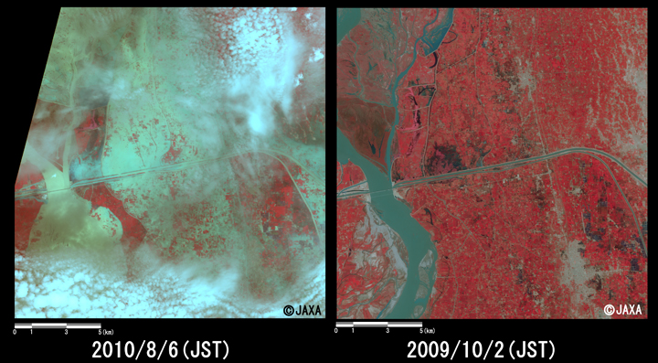 Fig.2: Enlarged images of the swollen rivers at Shadan Lund (324 square kilometers, left: August 6, 2010; right: October 2, 2009).