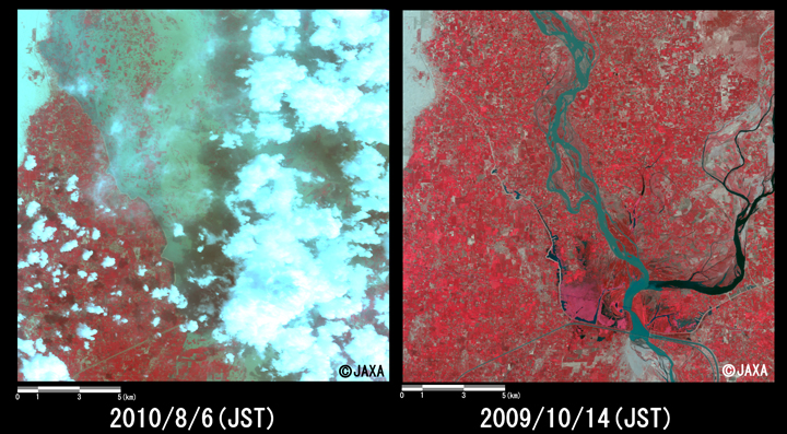 Fig.3: Enlarged images of the swollen rivers at Alhara Hazari (36 square kilometers, left: August 5, 2010; right: June 18, 2010).