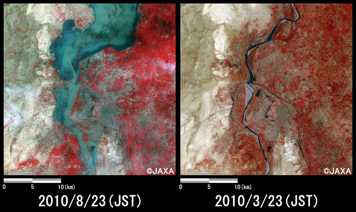 Fig.3: Enlarged images of the swollen rivers at Hyderabad (900 square kilometers, left: August 23, 2010; right: March 23, 2010).