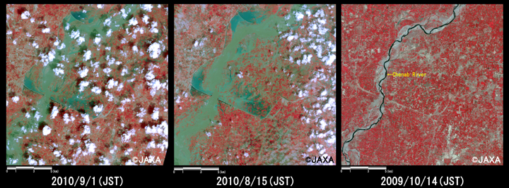Fig.2: Enlarged images of the swollen rivers at Chund Bharwana (324 square kilometers, left: September 1, 2010; middle: August 15, 2010; right: October 14, 2009).