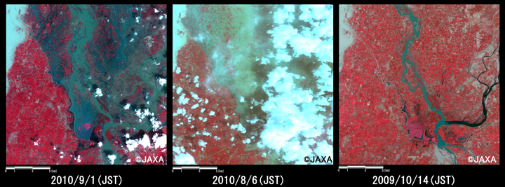 Fig.3: Enlarged images of the swollen rivers at Alhara Hazari (324 square kilometers, left: September 1, 2010; middle: August 6, 2010; right: October 14, 2009)