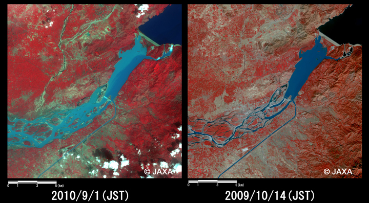 Fig.4: Enlarged images of the swollen rivers at Ghazi (324 square kilometers, left: September 1, 2010; right: October 14, 2009).