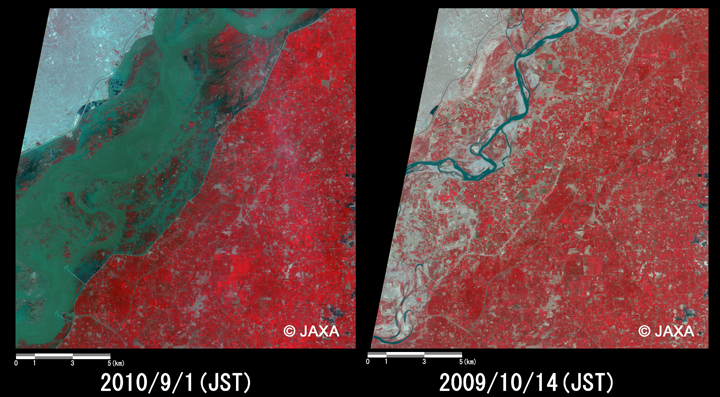 Fig.5: Enlarged images of the swollen rivers at Multan (324 square kilometers, left: September 1, 2010; right: October 14, 2009).