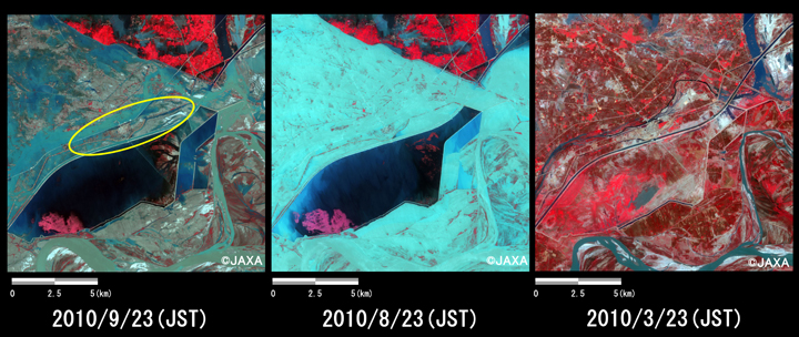 Fig.2: Enlarged images of the swollen rivers at Khandh Kot (225 square kilometers, left: September 23, 2010; center: August 23, 2010; right: March 23, 2010).