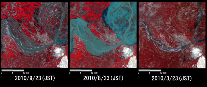 Fig.3: Enlarged images of the swollen rivers at Sakkur (225 square kilometers, left: September 23, 2010; center: August 23, 2010; right: March 23, 2010).