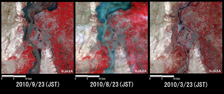 Fig.4: Enlarged images of the swollen rivers at Hyderabad (900 square kilometers, left: September 23, 2010; center: August 23, 2010; right: March 23, 2010).