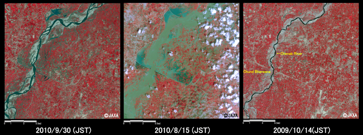 Fig.3: Enlarged images of the swollen river in Chund Bharwana (324 square kilometers, left: September 30, 2010; middle: August 15, 2010; right: Octorber 14, 2009).