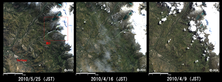 Fig. 2: Enlarged image of the overflowed lake by the glacial falling and around the downriver town, Carhuaz (eighteen kilometers squares, left: May 25, middle: April 16, and right: April 9, 2010 (JST)).