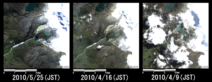 Fig. 3: Enlarged image of the lake that occurred the GLOF in Hualcan Glacier (six kilometers squares, left: May 25, middle: April 16, and right: April 9, 2010 (JST)).