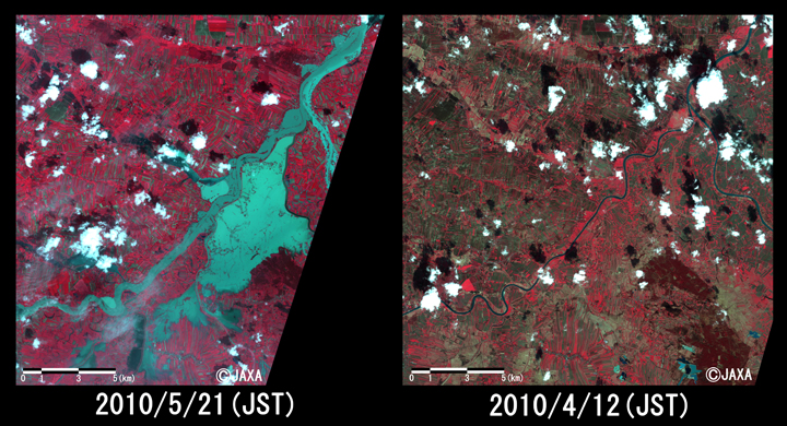 Fig. 2: Enlarged image of Vistula River in Przemykow (20 kilometers squarers, left: May 21, 2010; right: April 12, 2010).