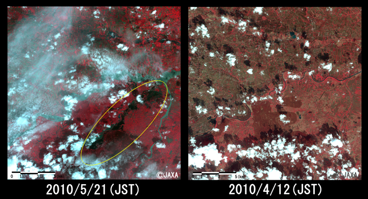 Fig. 3: Enlarged image of Vistula River in Nowe Brzesko (20 kilometers squares, left: May 21,2010; right: April 12, 2010).